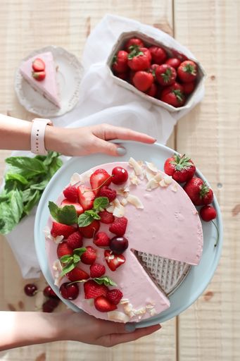 A vertical top view of a homemade strawberry cake