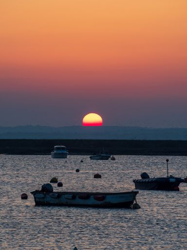 A vertical shot of boats near the shore at sunrise with a colorful sky and the sun in the background