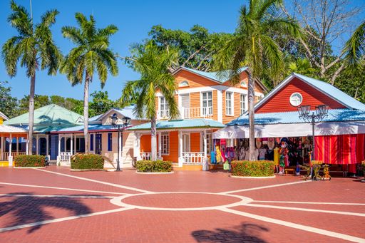 A closeup of colorful buildings at the Bahia Principe Hacienda Dona Isabel in the Riviera Maya
