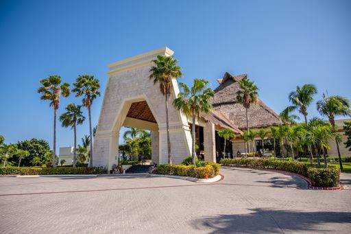 Tulum, Mexico - March 29, 2022: View of the lobby buildings at the Bahia Principe Grand Coba in the Riviera Maya.