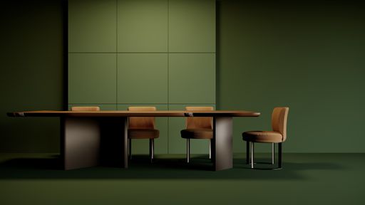 A shot of long wooden meetings table with four chairs in a green colored room