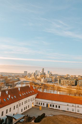 A vertical shot of a Vilnius city and Neris river