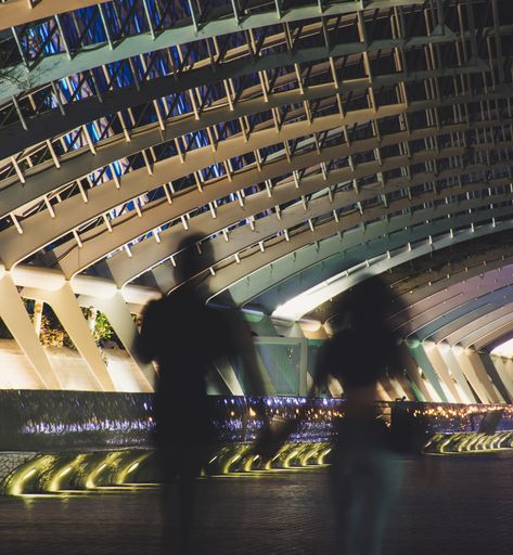 A  vertical shot of a romantic couple's silhouette walking under a beautiful bridge in the evening