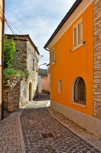 A medieval stone floor in the street with a tree among the houses of Macchiagodena village in Molise region, Italy
