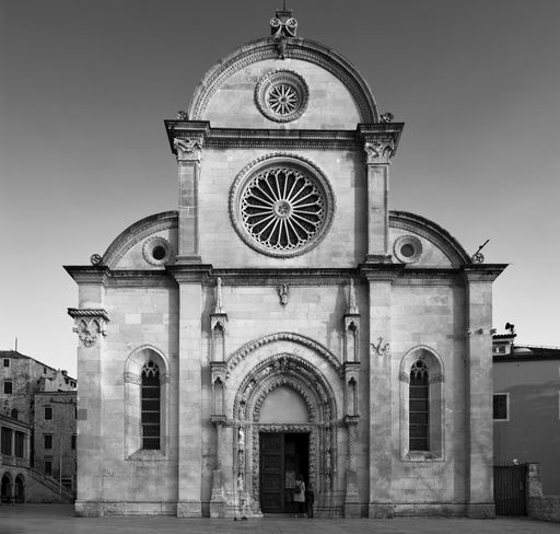 A closeup greyscale of the Cathedral of St. James in Sibenik Croatia