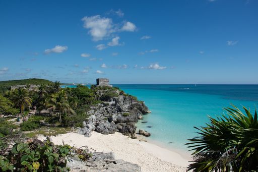Turquoise Caribbean ocean by Tulum ruins in Quintana Roo, Mexico Yucatan peninsula