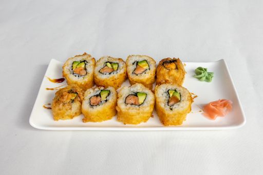 A Closeup  of sushi set on a white plate on a white background
