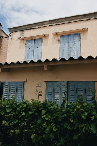 A vertical shot of an old rural house with wooden closed windows and a fence of greenery