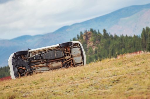 A rollover car out of the highway laying on a side between grasses
