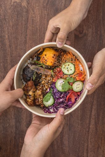A top view shot of an Asian poke bowl