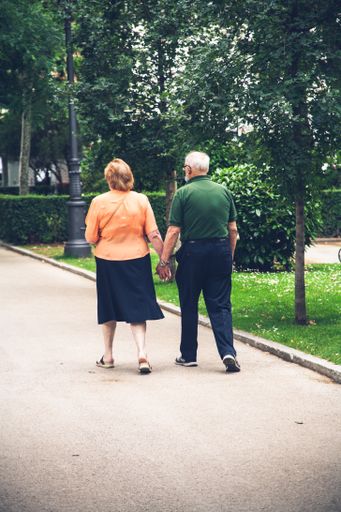 A vertical shot of a romantic old couple walking in a park holding hands