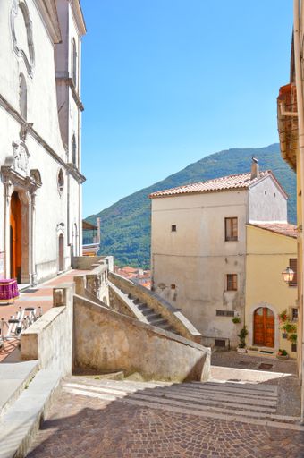 A narrow street in Rivello, a village in the Basilicata region in Italy.