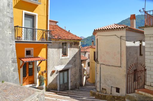 A narrow street in Rivello, a village in the Basilicata region in Italy.