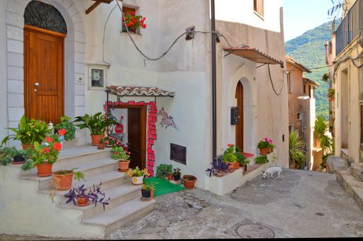 A narrow street in Rivello, a village in the Basilicata region in Italy.