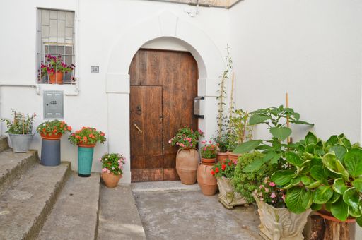 The door of an old house with potted plants in Rivello, a village in the Basilicata region of Italy