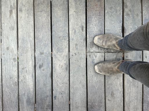 A vertical shot of man's feet standing on a wooden background