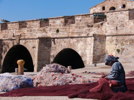 A scenic view of buildings of the old city of Essaouira, Morocco in daylight