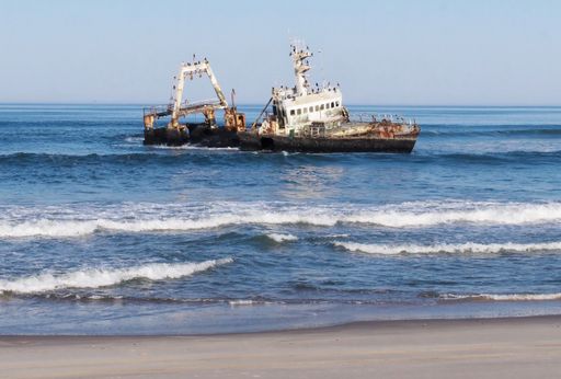The remains of a shipwreck near Skeleton Coast in Namibia