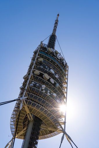 A vertical low angle view of Collserola communications tower in Barcelona, Catalonia, Spain