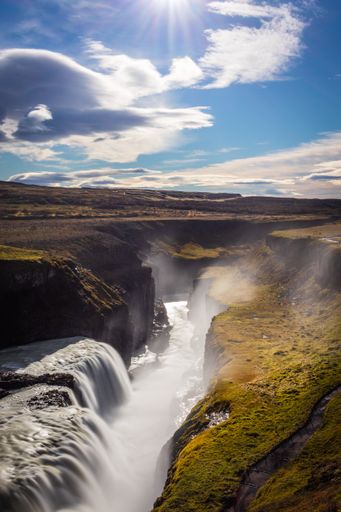 A vertical shot of the Gullfoss falls, Iceland in sunny weather
