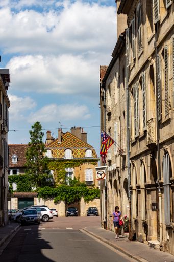 A beautiful shot of the streets and the historical buildings against blue cloudy sky on a sunny day in downtown Dijon, France