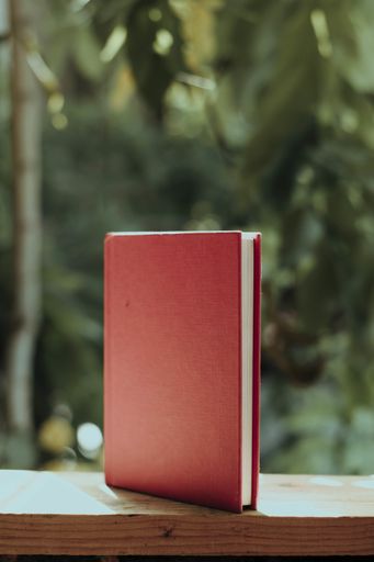 A vertical shot of a book with a red cover on a wooden fence in a garden under the sunlight