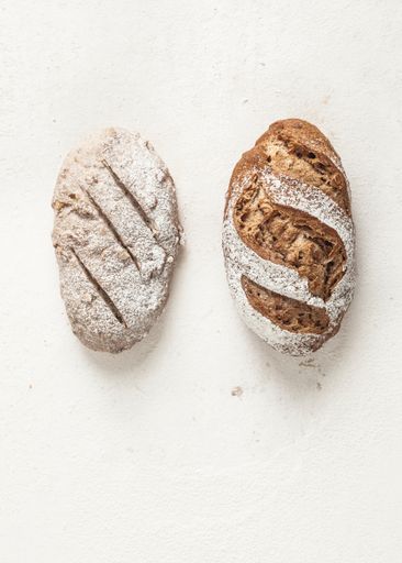 A top view shot of sourdough bread raw and baked isolated on a white background