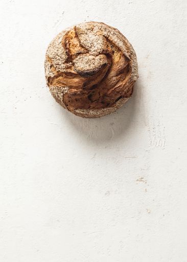 A top view shot of sourdough bread  isolated on a white background