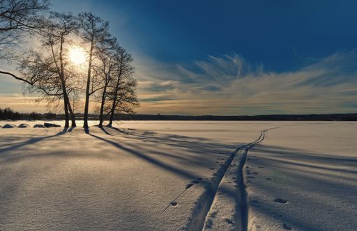A beautiful shot of a forest covered in snow by the lake in Finland