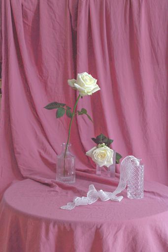 A vertical shot of white roses with beautiful glass bottles on a pink fabric surface and background