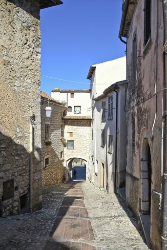 A vertical shot of a narrow cobblestone alley among houses in Fumone, Lazio, Italy