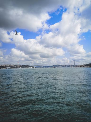 Magnificent view of Istanbul. Marmara sea. Bosphorus bridge. Blue sky.