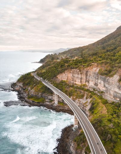 An aerial vertical shot of the Sea Cliff Bridge in New South Wales, Australia