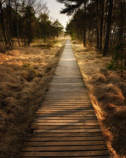 Straight wooden footbridge leads through the swamp, past grasses and pines in the evening sun.
