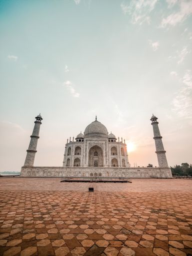 A low angle of a scenic view of the Taj Mahal Mausoleum at sunset, Agra, India
