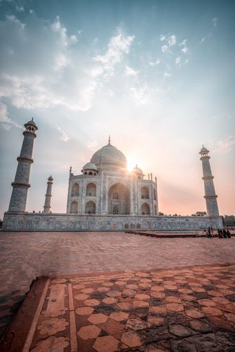 A low angle of a scenic view of the Taj Mahal Mausoleum at sunset, Agra, India