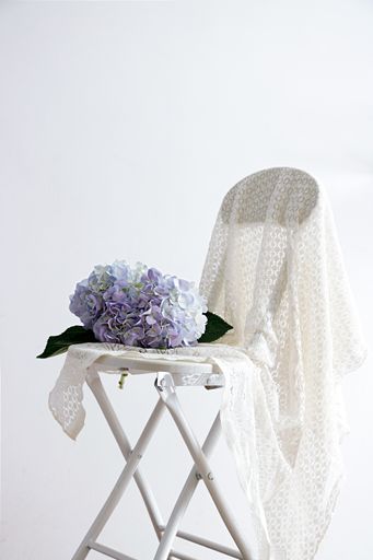 The vertical studio shot of still life composition with a white chair and a vase with purple flowers