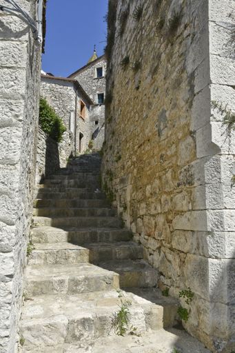 A vertical shot of a stone stairway in Santa Croce del Sannio village in the Campania region of Italy