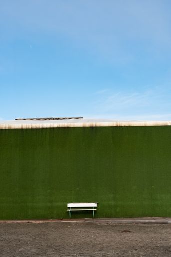 A vertical shot of an empty bench against a green wall