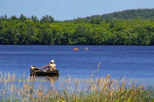 A photo of sunny afternoon with canoe and kayaks on the lake