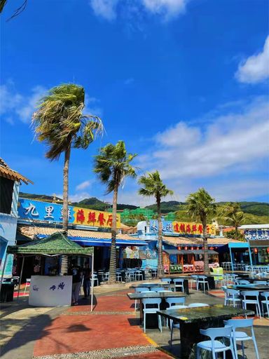 A vertical shot of stores and palm trees at the Yalong bay with hills in the background under a blue sky
