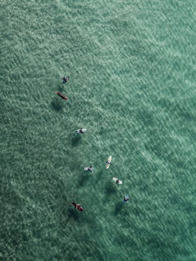 An aerial shot of surfers group swimming in a beautiful sea under the sunlight