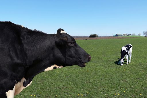 A closeup shot of a Holstein cow with a  calf in green field