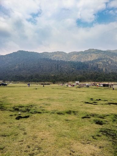 A vertical shot of people on a green field with forest and mountains in the background