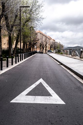 A vertical closeup of a traffic sign with an arrow on an asphalt road in the street