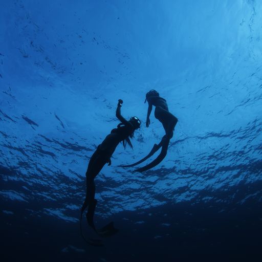 The two women with goggles and swim fins exploring the underwater world