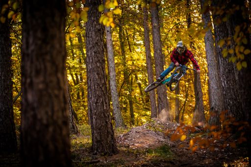 A beautiful shot of a man riding bicycle and wearing holeshotpunx in forest during autumn in Slovakia