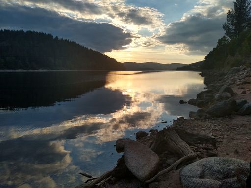 A breathtaking shot of a wide river flowing through the forest during sunset with clouds reflecting
