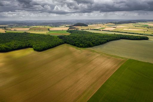 An aerial shot of a grassland under during a cloudy weather