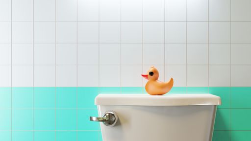 A yellow rubber duck on a white toilet seat in a bathroom